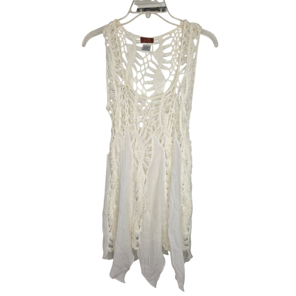 Scully Ivory Crochet Open Knit Handkerchief Hem Sleeveless Tunic Top Large